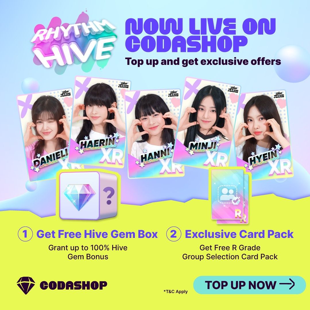 ---- Get ready to groove with Rhythm Hive_ ---- Top up on Codashop and enjoy two exclusive offers_ a Free Hive Gem Box for up to 100_ gem bonus and a free R Grade Group Selection Card Pack when you top